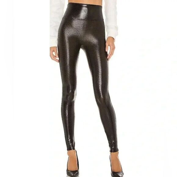 NWT SPANX brown black Crocodile Faux shape wear Leather Leggings size small - Picture 1 of 14
